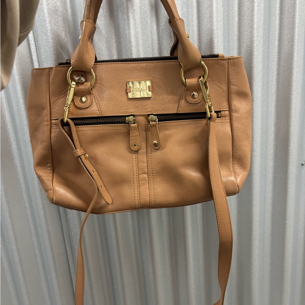 Elegant Tan Satchel with Gold Accents